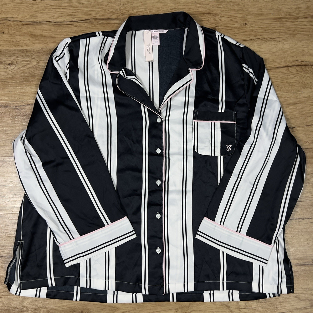 Victoria’s‎ Secret Satin Pajama Sleep Shirt Button Down Black White Stripe S.XXL